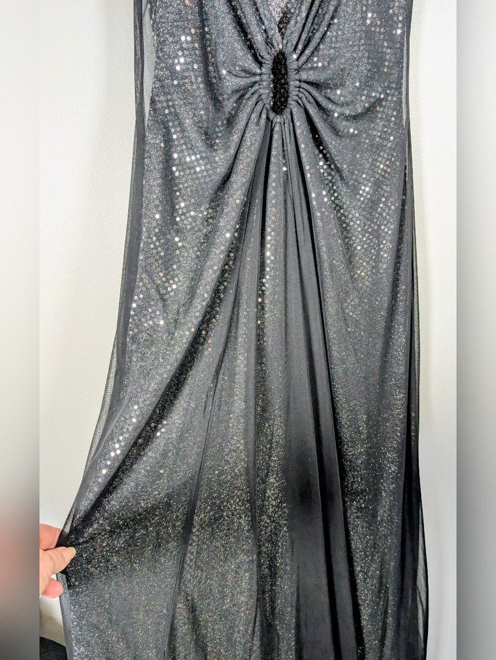Blondie Nites By Jaslene Black Sequin With Silver Underlay Cowl Neck Maxi Dress - Picture 5 of 9